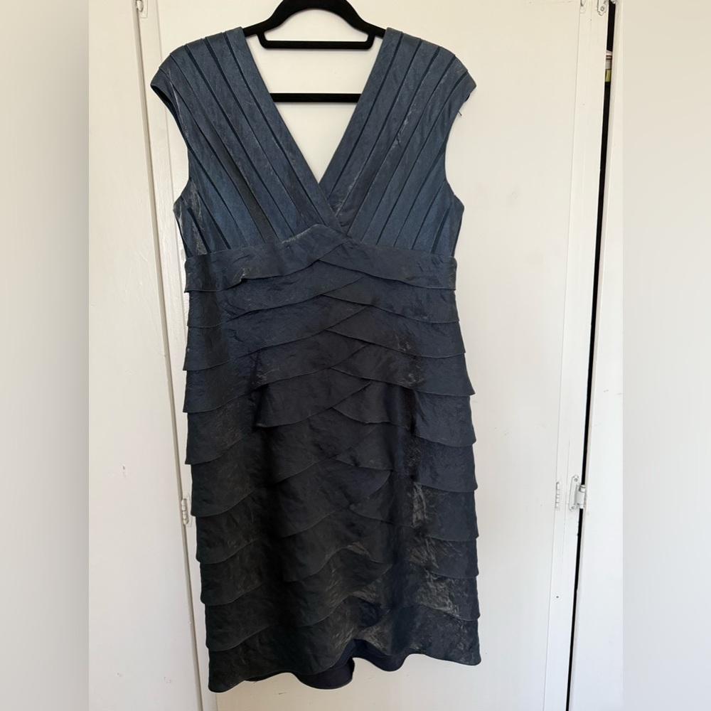 Adrianna Papell Blue Satin Shutter Pleat Cocktail Dress Size 12